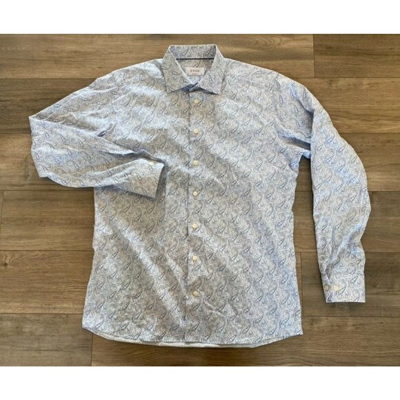 Eton Contemporary Dress Shirt Mens 42 16.5Blue Paisley Long Sleeve Button Up